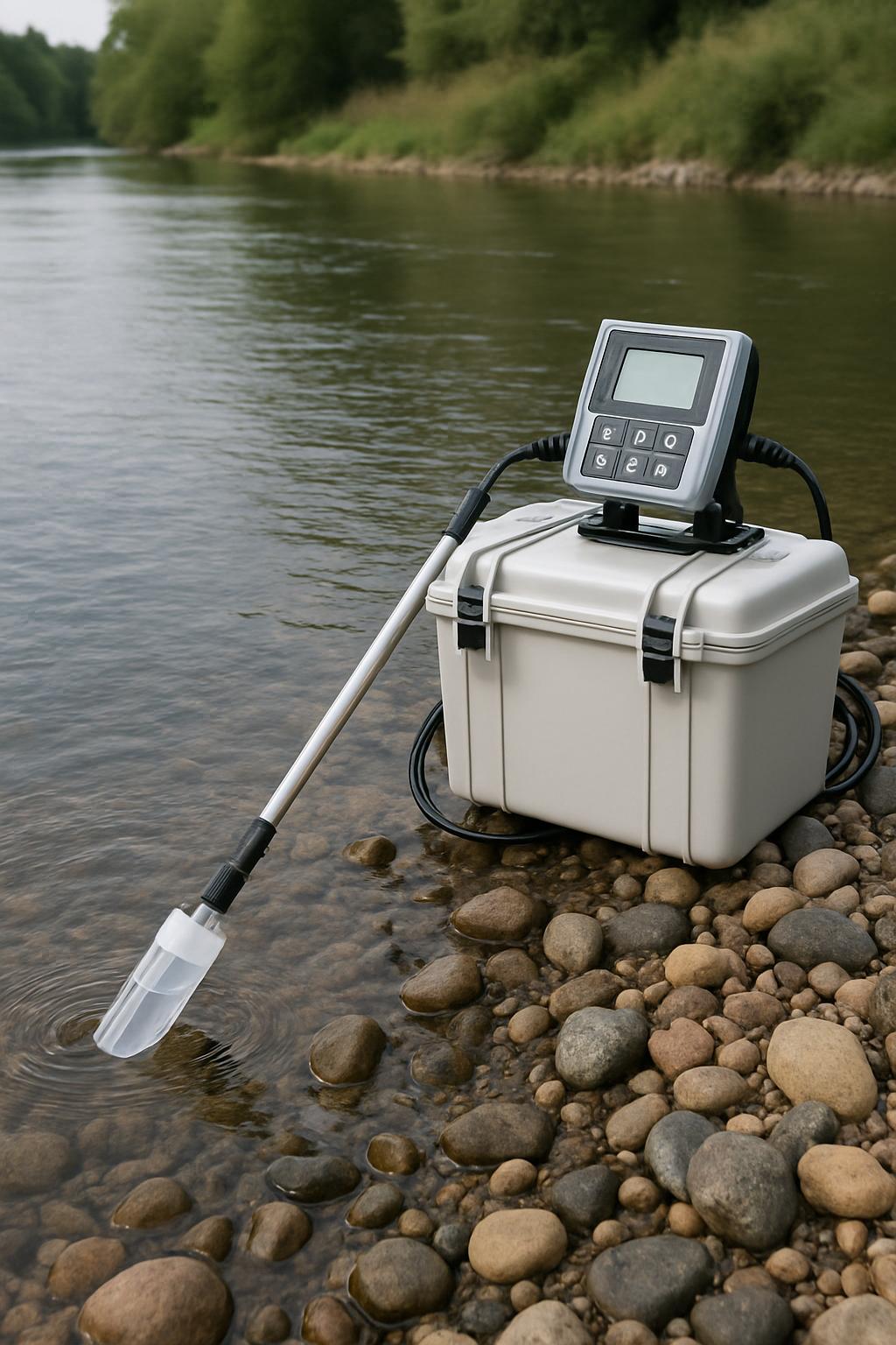 An alt text describing the image: A white box on a rocky shore with a digital screen and a water level measuring device, l...