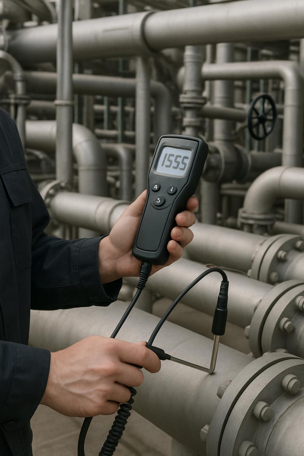 An individual, dressed in dark attire, stands alongside a lengthy pipework system, grasping a handheld infrared thermomete...