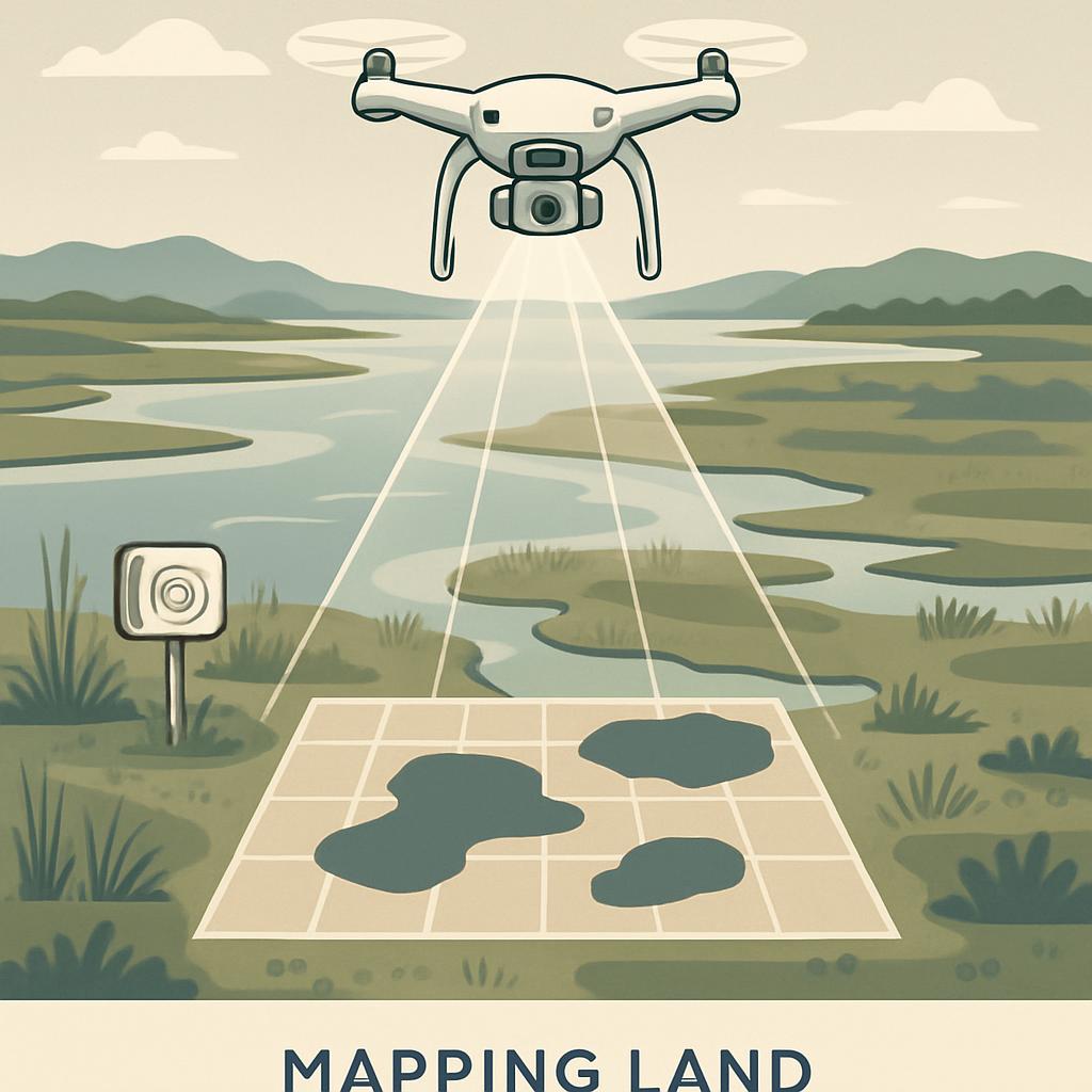 An aerial view of a landscape with a drone, river, and pond.