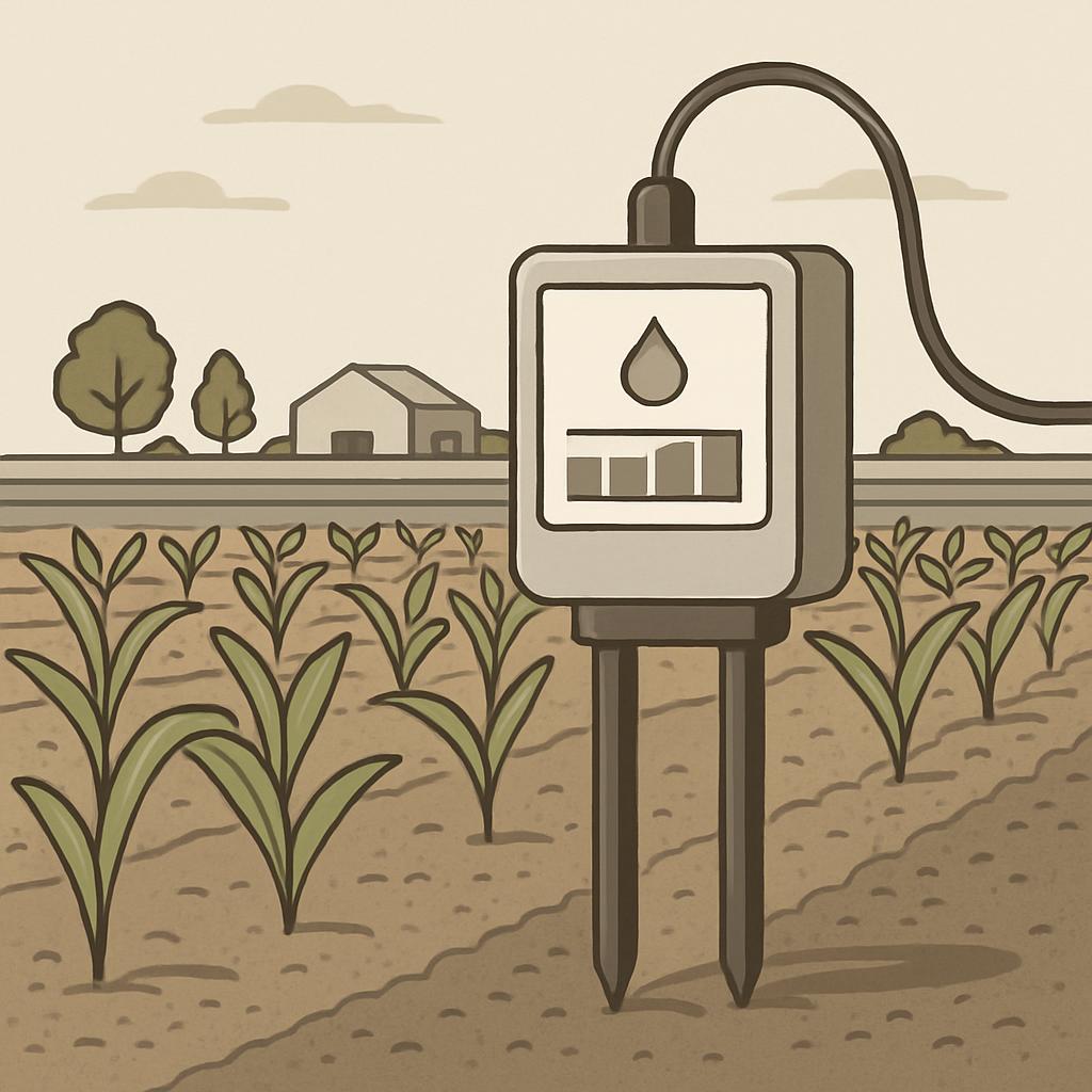 A lush field with a row of young plants sprouting from the soil. A weathered-looking irrigation system is visible at the r...